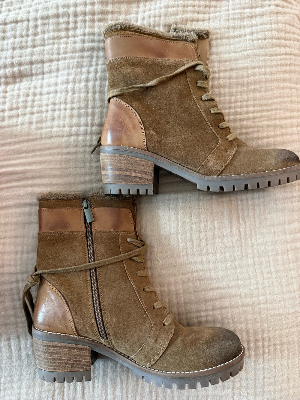 Women's Tan Suede Lace-Up Ankle Boots with Side Zipper